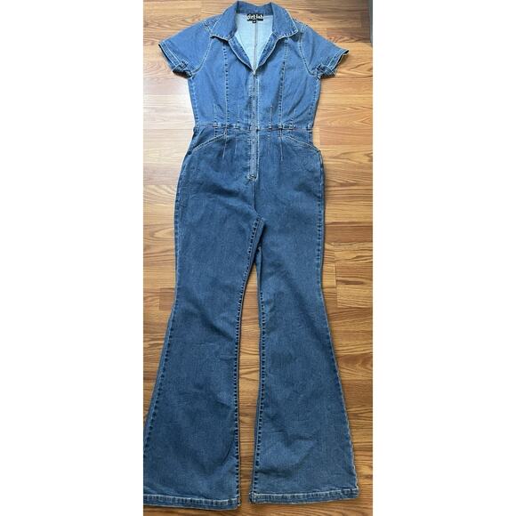 Girlish Stretch Blue Denim Jumpsuit Zip Up Flare Leg Short Sleeve Size L - Picture 1 of 7